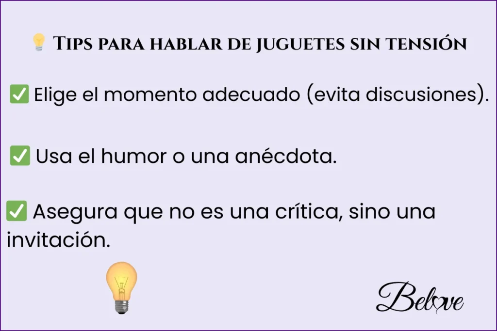 Una imagen que muestra 3 tips para hablar sobre juguetes sexuales en pareja sin tensión