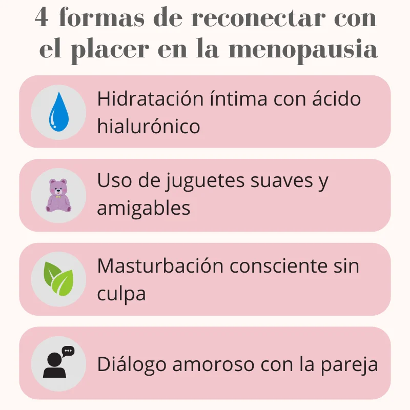 Infografía sobre 4 formas de reconectar el placer durante la menopausia y placer